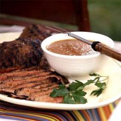 Spice-Rubbed Flank Steak with Spicy Peach-Bourbon Sauce recipe