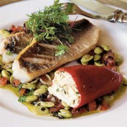 Speckled Trout with Crab-stuffed Piquillos, Edamame, and Truffle Vinaigrette recipe
