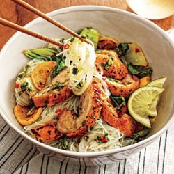 Fiery Thai Noodle Bowl with Crispy Chicken Thighs recipe