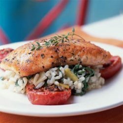 Crispy Salmon with Risotto and Slow-Roasted Tomatoes recipe