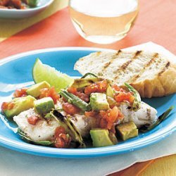 Grilled Halibut with Onion, Spicy Tomatoes, and Avocado recipe