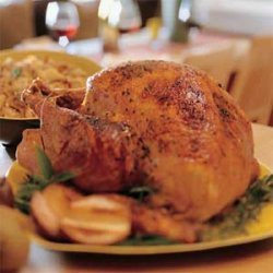 Spice-Rubbed Smoked Turkey with Roasted-Pear Stuffing and Cranberry Syrup recipe