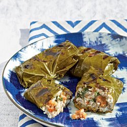 Grilled Grape Leaves Stuffed with Sausage and Goat Cheese recipe