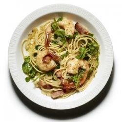 Whole-Wheat Spaghetti with Bacon, Shrimp, and Watercress recipe
