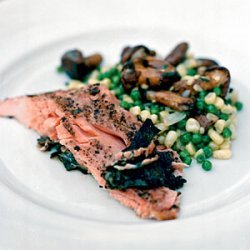 Grilled Sockeye Salmon with Fava Bean, White Corn, and Wild Mushroom Succotash recipe