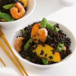 Black Forbidden Rice with Shrimp, Peaches, and Snap Peas recipe