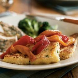 Cheddar Grit Cakes with Roasted Peppers recipe