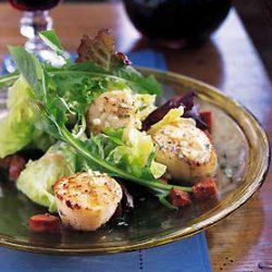 Sauteed Scallops with Andouille and Baby Greens recipe