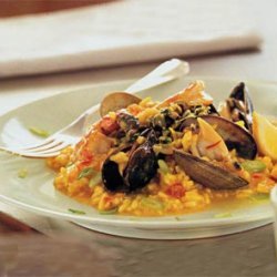 Mussels, Clams and Shrimp with Saffron Risotto and Green Olive Relish recipe