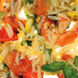 Orzo with Grilled Shrimp, Summer Vegetables, and Pesto Vinaigrette recipe