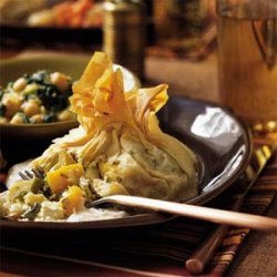 Phyllo Purses with Roasted Squash, Peppers, and Artichokes recipe