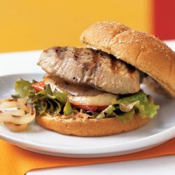 Grilled Tuna Sandwiches with Onions, Bell Peppers, and Chile-Cilantro Mayonnaise recipe
