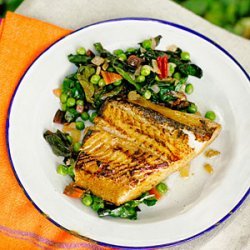 Sake and Birch Syrup-Roasted Sablefish with Fresh Peas and Chard recipe