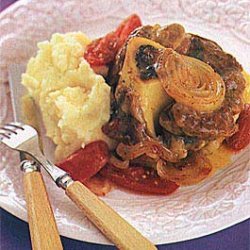Braised Veal Shanks with Mashed Potatoes and Tomato Onion Jus recipe