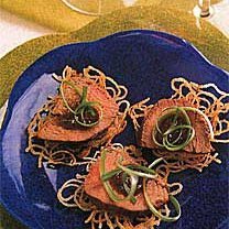 Ginger-Hoisin Beef and Scallions on Crispy Noodle Cakes recipe