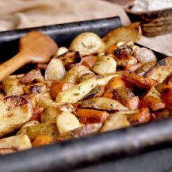 Roasted Potatoes, Parsnips, and Carrots with Horseradish Sauce recipe