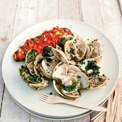 Ginger-and-Herb Pan-Grilled Clams with Tomato Bruschetta recipe