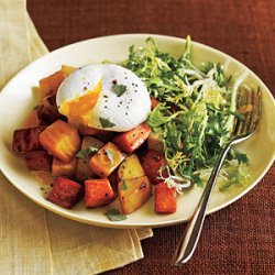 Two Potato and Beet Hash with Poached Eggs and Greens recipe