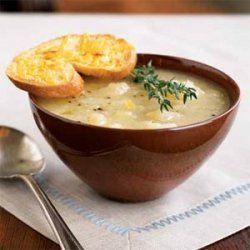 Golden Potato-Leek Soup with Cheddar Toasts recipe