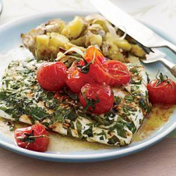 Grilled Halibut with Smashed Fingerlings and Tomato Butter recipe