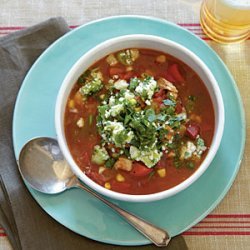 Chili-Spiced Chicken Soup with Stoplight Peppers and Avocado Relish recipe