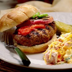 Jalapeño-Stuffed Burgers With Roasted Bell Pepper Ketchup recipe