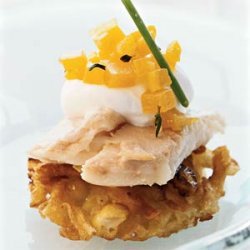 Potato Pancakes with Smoked Trout, Horseradish Crème Fraîche, and Golden Beet Relish recipe