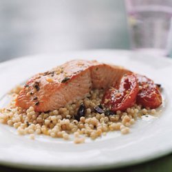Wild Salmon with Pearl Couscous, Slow-Roasted Tomatoes, and Lemon Oregano Oil recipe