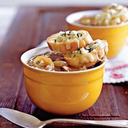 Caramelized Onion and Shiitake Soup with Gruyère–Blue Cheese Toasts recipe