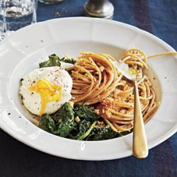 Whole-Wheat Spaghetti with Kale, Poached Eggs, and Toasted Breadcrumbs recipe