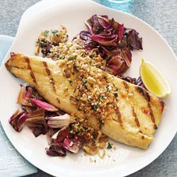 Grilled Trout Fillets with Crunchy Pine-nut Lemon Topping recipe