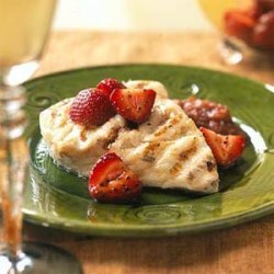 Grilled Pacific Halibut with Rhubarb Compote and Balsamic Strawberries recipe
