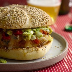 Chicken Burgers With Guacamole, Cheddar, and Charred Tomatoes recipe