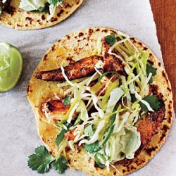 Ancho Chicken Tacos with Cilantro Slaw and Avocado Cream recipe