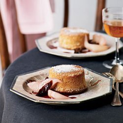 Fallen Toasted-Almond Soufflés with Poached Pears and Prunes recipe