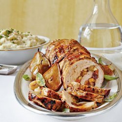 Spicy Fruit-Stuffed Pork Loin with Roasted Pears and Onions recipe