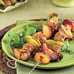 Molasses-Balsamic Pork Kabobs With Green Tomatoes and Plums recipe