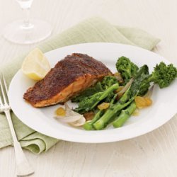 Blackened Salmon with Broccoli Rabe and Raisins recipe