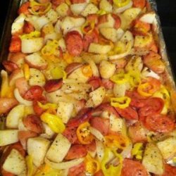 oven-roasted sausages, potatoes, and peppers recipe