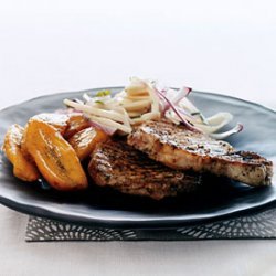 Jerk Pork Chops with Hearts of Palm Salad and Sweet Plantains recipe