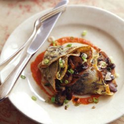 Scallion Wild Rice Crepes with Mushroom Filling and Red Pepper Sauce recipe