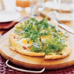 Brunch Flatbread with Eggs, Bacon, and Frisee recipe