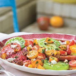 Heirloom Tomatoes with Fresh Peaches, Goat Cheese, and Pecans recipe