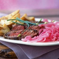 Shallot-Rubbed Steak with Roasted Potatoes and Pickled Onions recipe