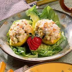 Curried Poached Pears with Coconut-Chicken Salad recipe