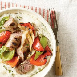 Grilled Peppers and Sausage with Cheese Grits recipe
