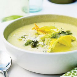 Corn Soup with Roasted Poblanos and Zucchini Blossoms recipe