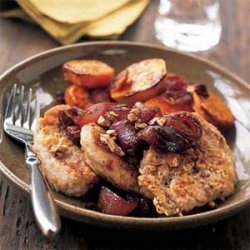 Pecan-Crusted Pork with Red Onion Marmalade and Roasted Sweet Potatoes recipe