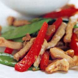 Spicy Pork and Cashew Stir-Fry with Snow Peas and Red Pepper recipe