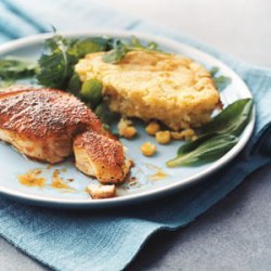 Blackened Striped Bass with Corn Spoon Bread and Greens recipe